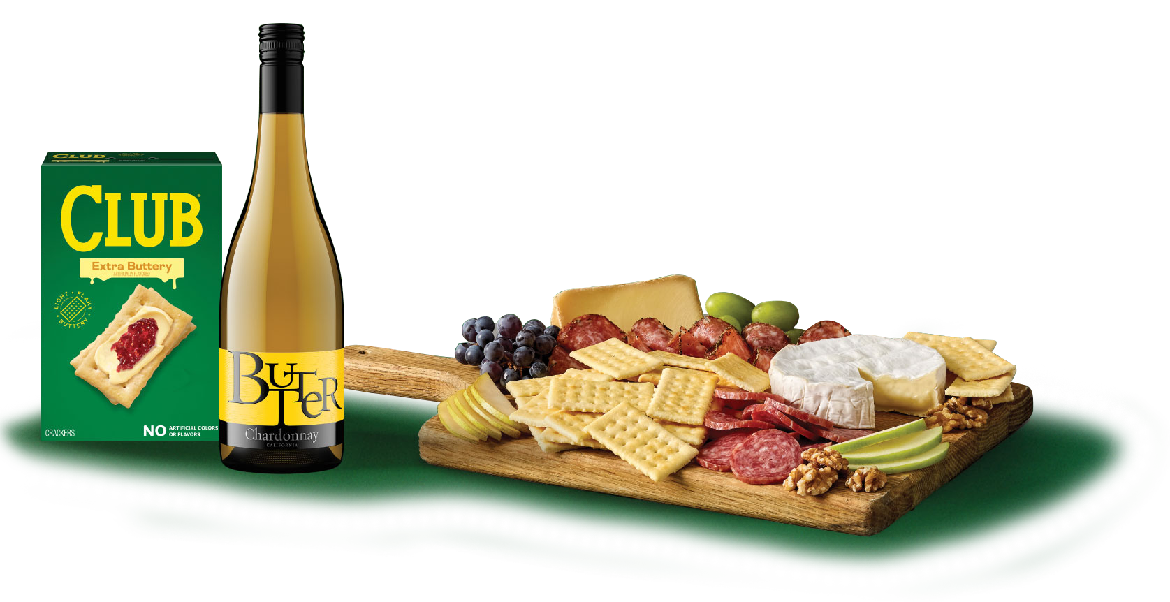 Club Cracker box with Butter Napa bottle and charcuterie board
